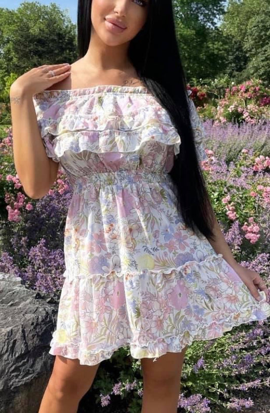 WHITE PASTEL FLORAL BARDOT DRESS