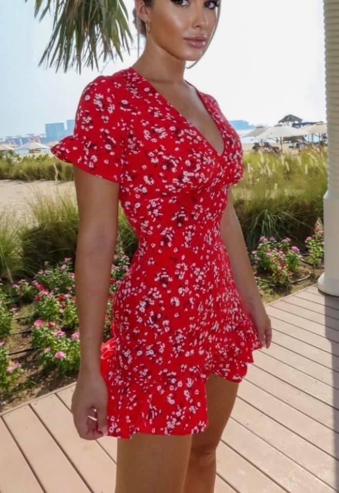 RED FLORAL FRILL HEM DRESS