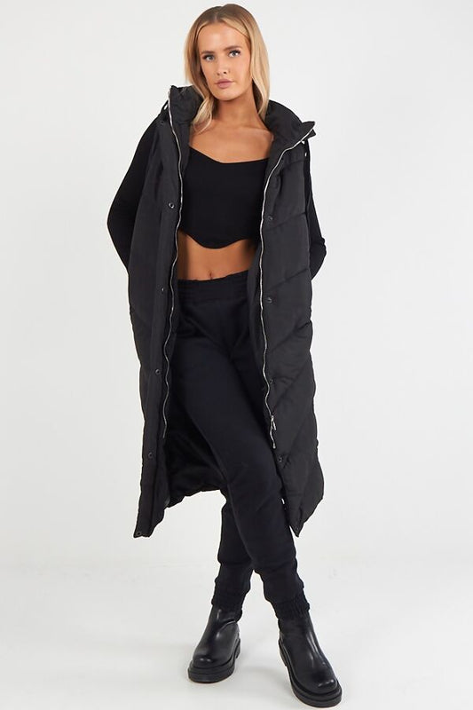 BLACK SLEEVELESS HOODED PUFFER LONG GILET