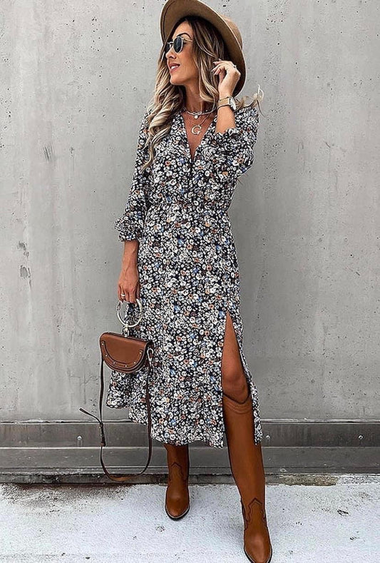 LONG SLEEVE FLORAL PRINT MIDI DRESS