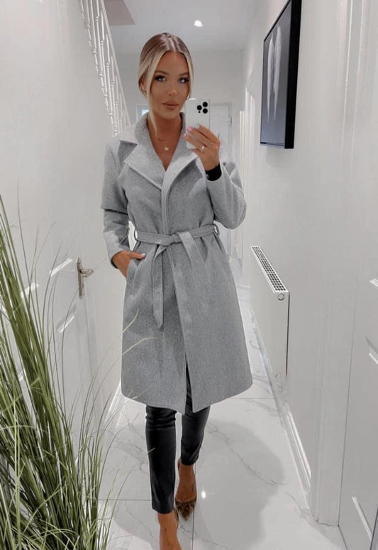 GREY BELTED LONGLINE COAT